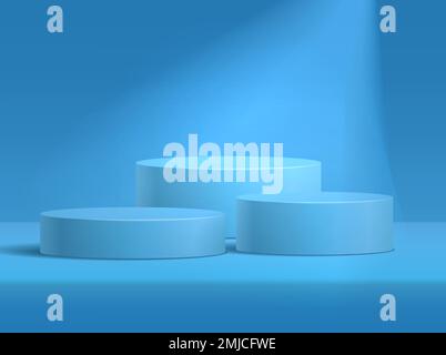 Blue podium on blue background with reflection realistic 3D vector illustration. Three simple empty cylinder geometric pedestals for product presentation Stock Vector