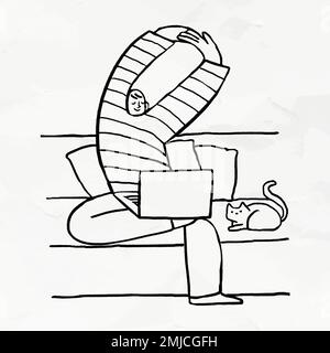 Man working from home with his cat sitting aside doodle element vector Stock Vector