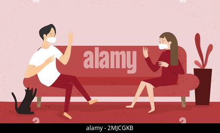 Couple wearing masks and keeping a physical distance in their own home vector Stock Vector