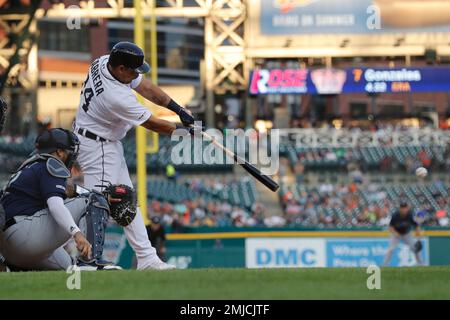 Detroit Tigers designated hitter Miguel Cabrera connects for his 3,143  major league hit, a single to left, during the third inning of a baseball  game against the Minnesota Twins, Wednesday, Aug. 9