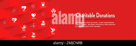 Charitable Giving with Donations Icon Set and Web Header Banner Stock Vector