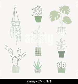 Simple green houseplant doodle vector set Stock Vector