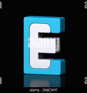 3d letter E plastic light blue and white from alphabet isolated in a black background. Hi tech metallic font character design illustration, text minim Stock Photo