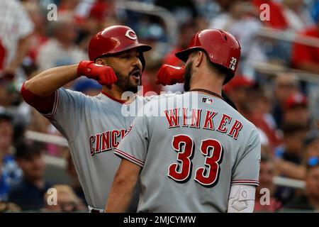 Cincinnati Reds right fielder Jesse Winker (33) runs for a fly ball during  a MLB game against the Los Angeles Dodgers, Wednesday, April 28, 2021, in L  Stock Photo - Alamy