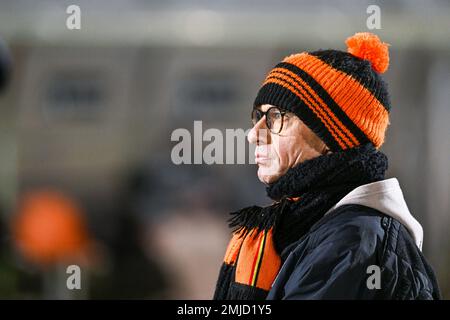 Deinze, Belgium. 27th Jan 2023. Supporter Deinze pictured before a soccer game between KMSK Deinze and Club Brugge NXT youth team during the 20 th matchday in the Challenger Pro League for the 2022-2023 season ,  on  Saturday 27 January 2023  in Deinze , Belgium . PHOTO SPORTPIX | Stijn Audooren Credit: David Catry/Alamy Live News Stock Photo