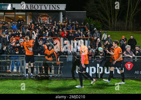 Deinze, Belgium. 27th Jan 2023. Supporters Deinze pictured after a soccer game between KMSK Deinze and Club Brugge NXT youth team during the 20 th matchday in the Challenger Pro League for the 2022-2023 season ,  on  Saturday 27 January 2023  in Deinze , Belgium . PHOTO SPORTPIX | Stijn Audooren Credit: David Catry/Alamy Live News Stock Photo