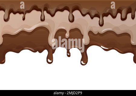 Chocolate splash, creamy brown drip in cartoon style isolated on white background. Smooth wave of flowing melted chocolate, cocoa or chocolate dessert. Vector illustration Stock Vector