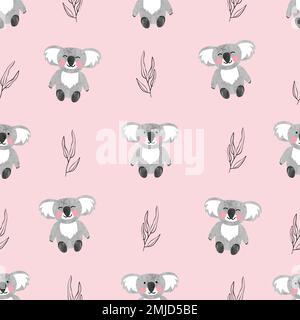 Seamless pattern with cute watercolor koala bears on pink. Vector background for kids. Stock Vector