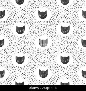 Seamless fashion pattern with cute black cats. Vector dots background. Stock Vector