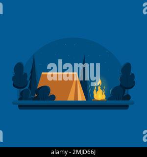 Camping. Night landscape with a orange tent near bonfire. Banner for summer camp, nature tourism, camping, hiking, trekking, etc. Vector illustration. Stock Vector