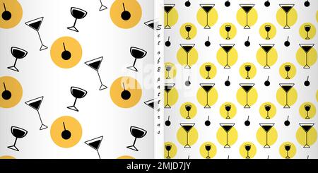 Set of 2 endless patterns of black and white images in the form of glasses and spots in trendy yellow shades. Abstract background texture. Isolate. Good for menu cafe, bar and restaurant. Vector. EPS Stock Vector