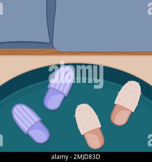 Women's and men's slippers on the carpet by the bed. Vector illustration in flat cartoon style. Stock Vector