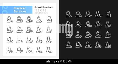 Medical services pixel perfect linear icons set for dark, light mode Stock Vector