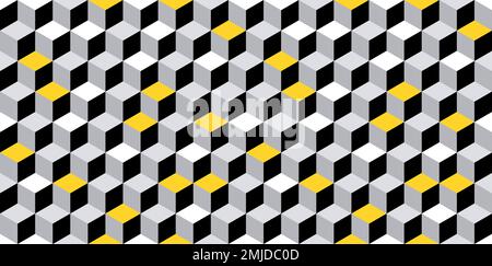 Seamless cube vector pattern. Embossed cuboid hexagonal tile pattern. Modern fashion ornament design. Yellow, grey, black and white. Stock Vector