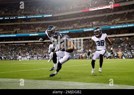 Philadelphia Eagles' Josh Hawkins (48) runs back an interception during the  second half of a preseason NFL football game against the New York Jets  Thursday, Aug. 29, 2019, in East Rutherford, N.J. (