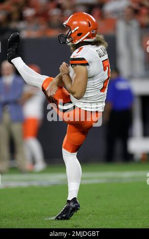 Cleveland Browns punter Jamie Gillan (7) gets stripped of the ball while  faking a punt as Baltimore Ravens linebacker L.J. Fort (58) and linebacker  Otaro Alaka (50) recover the fumble during the