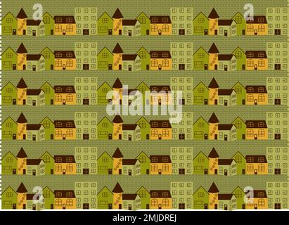 Seamless pattern with cityscape of yellow and green colored houses on a pavement street Stock Vector