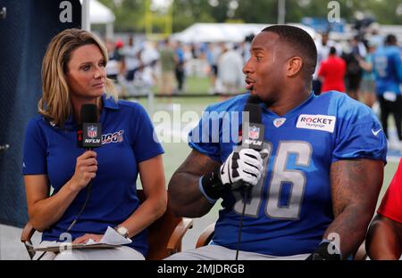 NFL Network anchor Stacey Dales, left, and analyst Willie McGinest, are  seen at the Detroit Lions NFL football training facility, Wednesday, Aug.  7, 2019, in Allen Park, Mich. (AP Photo/Carlos Osorio Stock