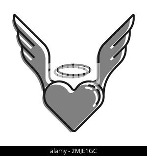 Linear filled with gray color icon. Inspired Heart Of Human In Love. Heart Symbol With Wings And Halo. Simple black and white vector Isolated On white Stock Vector