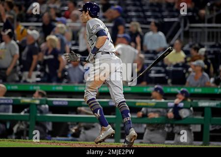 Milwaukee Brewers' Christian Yelich tosses a T-shirt to fans before a spring  training baseball game against the Kansas City Royals, Saturday, March 23,  2019, in Phoenix. (AP Photo/Sue Ogrocki Stock Photo 