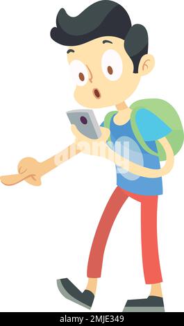 Augmented mobile game player. Cartoon kid play on smartphone Stock Vector