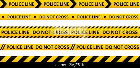 Police line do not cross tape set. Yellow and black caution stripes collection. Danger area or crime scene zone stripes background. Repeating vector  Stock Vector