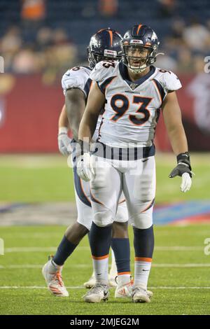 Denver, USA. October 23, 2022: Denver Broncos defensive end Dre'Mont Jones  (93) waits a for a replay review in the first half of the football game  between the Denver Broncos and New