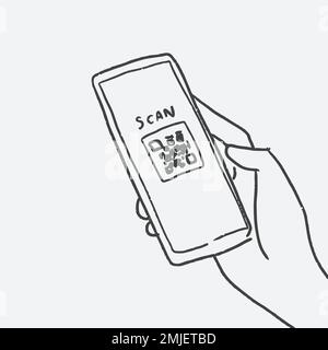 New normal doodle vector, QR code scanning concept Stock Vector