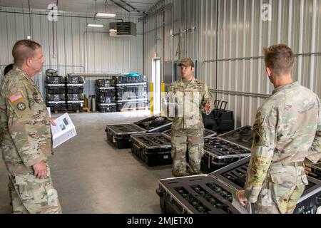 Company command teams across the Nebraska Army National Guard attend Operation Heartland Fury at the Camp Ashland and Mead Training Sites, Nebraska, Aug. 27, 2022. Operation Heartland Fury was an event hosted by Training Center Command, 209th Regional Training Institute, and consisted of various events and tours of training installations and equipment to show what capabilities are available to support all of Nebraska’s units. Some of the events included trench clearing with medical evacuation, leaders reaction course, the rappel tower and vehicle recovery. Stock Photo