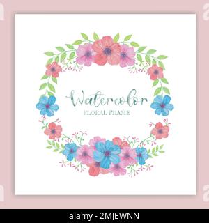 Vector romantic floral round frame with green leaves and blue flowers in watercolor style isolated on white background . watercolor vector illustratio Stock Vector