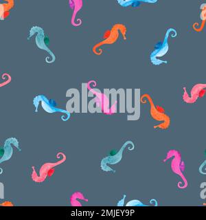 Colorful sea horses seamless pattern. Vector watercolor seahorse background. Stock Vector