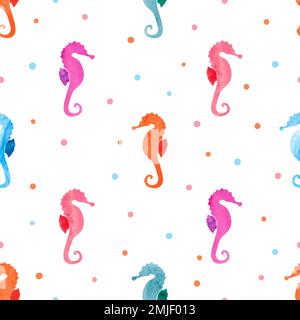 Seamless pattern with watercolor sea horses. Vector colorful seahorse background. Stock Vector