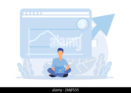 Financial illustration. Characters investing money in stock market. People analyzing financial graphs, latest stock market news and other data. Stock Stock Vector