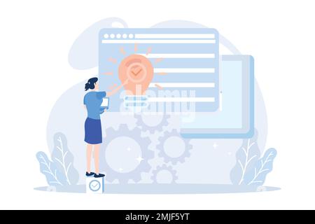 Business illustration. Characters planning, prototyping and testing startup ideas and analyzing marketing data. Business activities concept. Flat vect Stock Vector