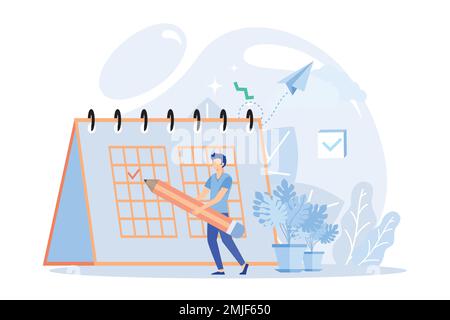 Business management illustration. Characters planning schedule, managing to do tasks and time. Time management and schedule organization concept. Flat Stock Vector