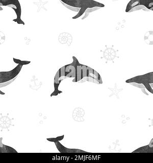 Watercolor whales seamless pattern. Vector black and white background with fin and killer whales. Stock Vector