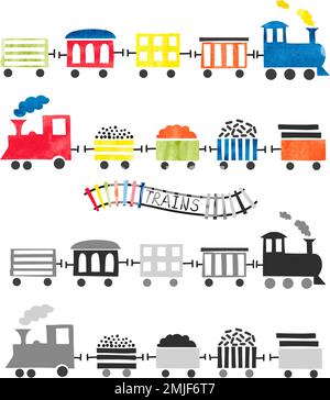 Watercolor toy trains for kids design. Vector illustration. Stock Vector