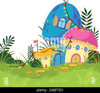 Fantasy mushroom with doors and windows. Fairy houses garden landscape Stock Vector