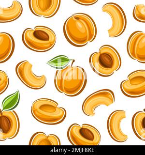 Vector Apricot Seamless Pattern, square repeat background with cut out illustrations of ripe chopped apricots with green leaves for wrapping paper, gr Stock Vector