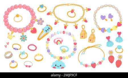 Kids jewelry set. Cartoon drawing of jewelry for children isolated on white. Fashion, jewelry concept Stock Vector
