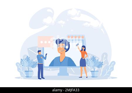 Customer support illustration. Characters using online helpdesk platform. People asking a questions and receiving answers from helpdesk or call center Stock Vector