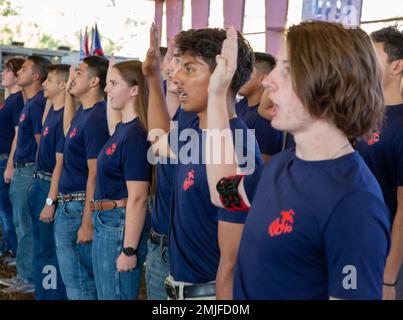 Future Marines in the delayed entry program with Recruiting Sub Station Corona, recite the Oath of Enlistment during the opening ceremony at the Norco Rodeo, Norco, California, Aug. 28, 2022. The Oath of Enlistment solidifies the individual's promise to support and defend the U.S. Constitution. Stock Photo