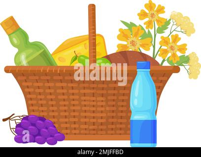 Picnic basket cartoon icon. Wine and cheese picnic isolated on white background Stock Vector