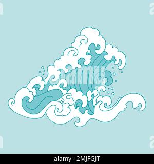 Sea waves doodle style, isolated on light blue background. Ocean cartoon colorful waves and foam. Vector hand drawn illustration. Stock Vector