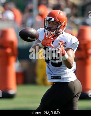 Cleveland Browns tight end Stephen Carlson catches a pass against  linebacker Christian Kirksey at the team's NFL football training facility  in Berea, Ohio, Tuesday, June 4, 2019. (AP Photo/Ron Schwane Stock Photo 