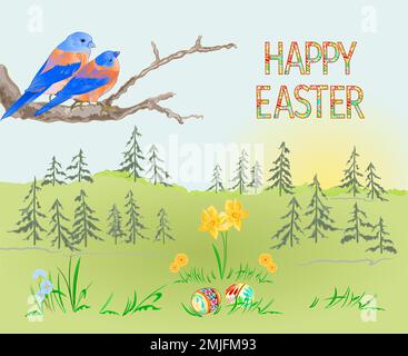 Easter spring landscape forest and birds bluebirds and easter eggs in the grass with narcissus vintage vector illustration editable hand draw Stock Vector