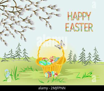 Spring landscape forest Easter  wicker  and easter eggs and butterfly in the grass with flowers vintage vector illustration editable hand draw Stock Vector