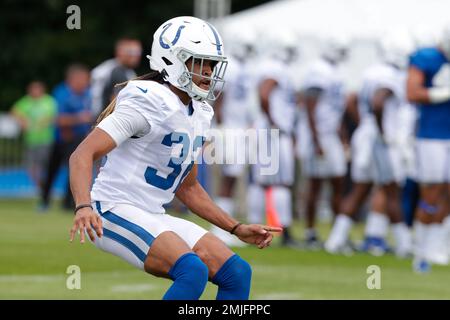 Indianapolis Colts cornerback Jalen Collins (32) lines up against the  Cleveland Browns during an NFL preseason football game in Indianapolis,  Saturday, Aug. 17, 2019. The Browns won the game 21-18. (Jeff Haynes/AP