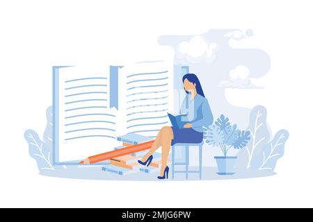 Self development and management illustration. Characters self-learning with books, online courses or internet tutorials. Education and personal growth Stock Vector