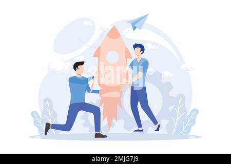 Business illustration. Characters planning, prototyping and testing startup ideas and analyzing marketing data. Business activities concept. Flat vect Stock Vector